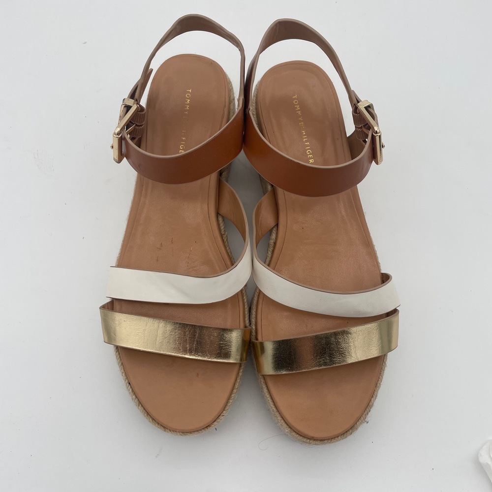 Tommy Hilfiger Gold‎ White Brown Strap Espadrille Sandals Platform Womens 9